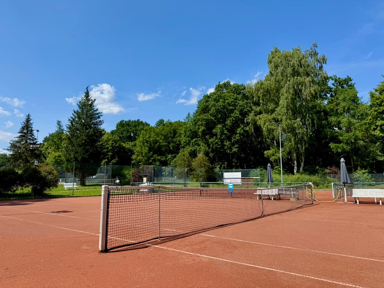Außenanlage des TCBW mit Sandplatz, Netz und Baumreihe